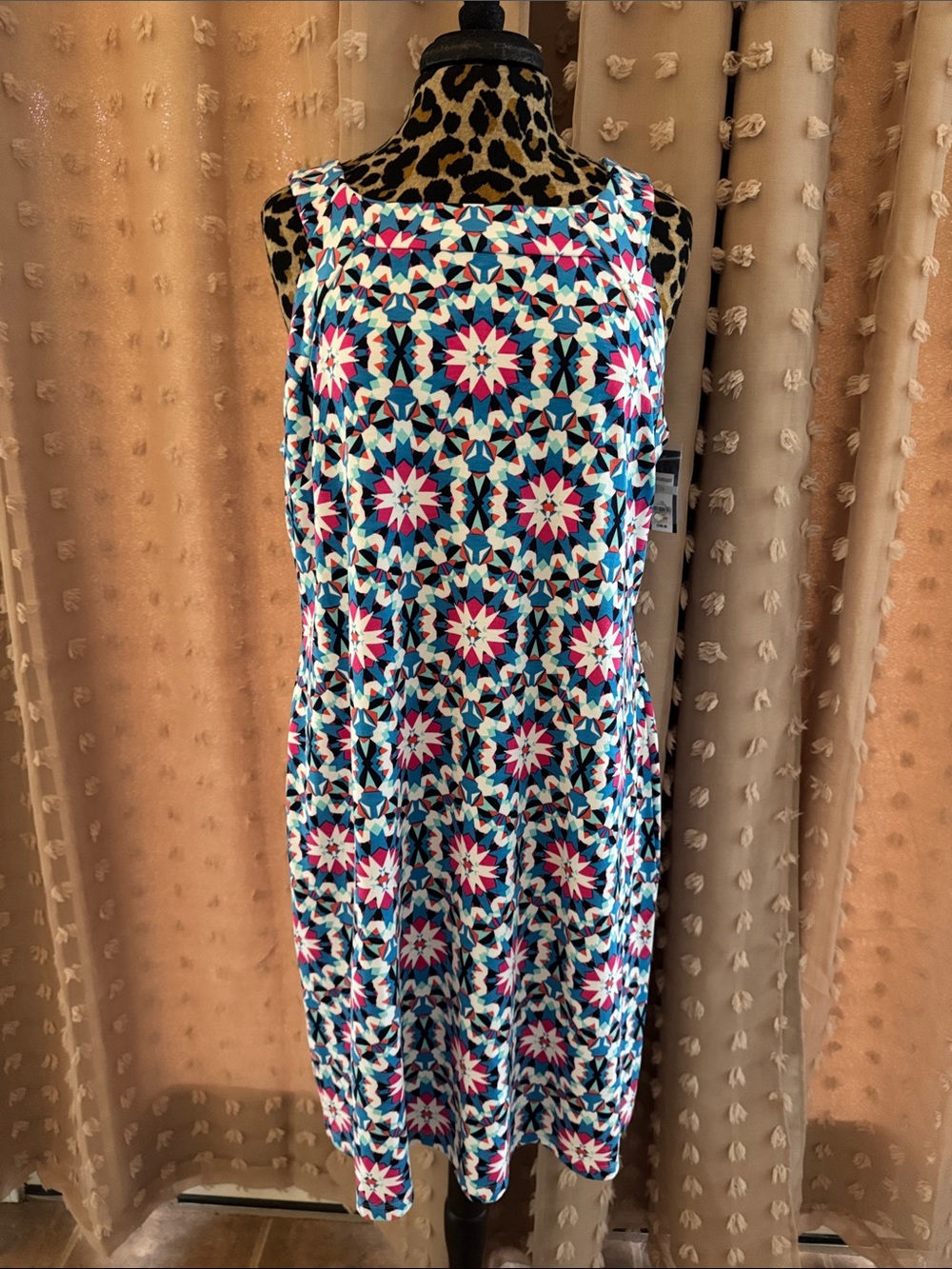 NWT Sleeveless Geometric Print Dress in Blue and Pink